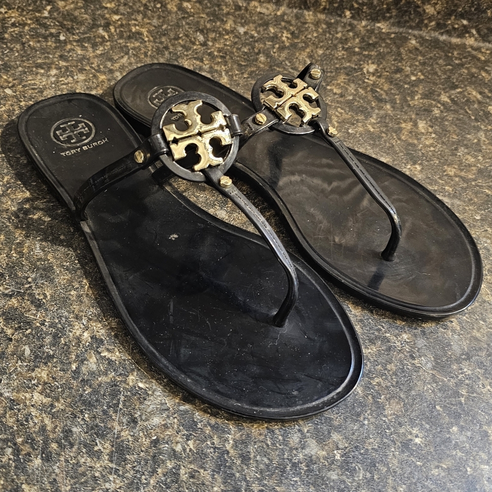 Tory Burch Mini Miller Jelly Sandal Womens 9M Black T-Strap Thong Beach Resort